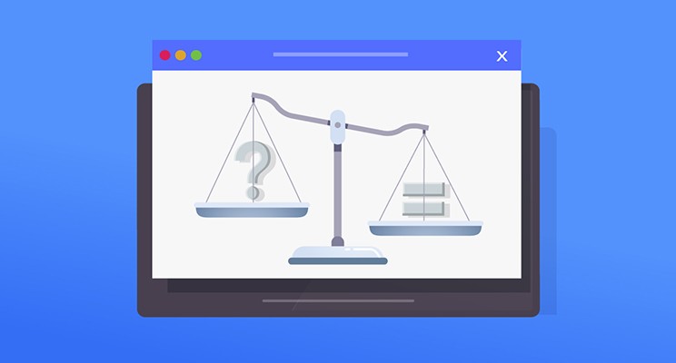 Stylized computer window depicting a classic scale with a question mark on one side and a pile of money on the other.