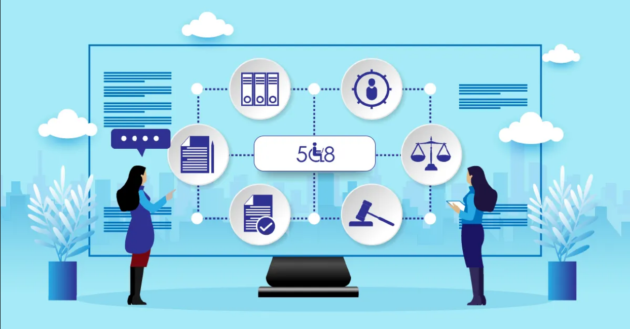 A stylized computer monitor with icons representing justice, courts, people, and various documents around the numbers "508" with an icon of a wheelchair user replacing the "0"