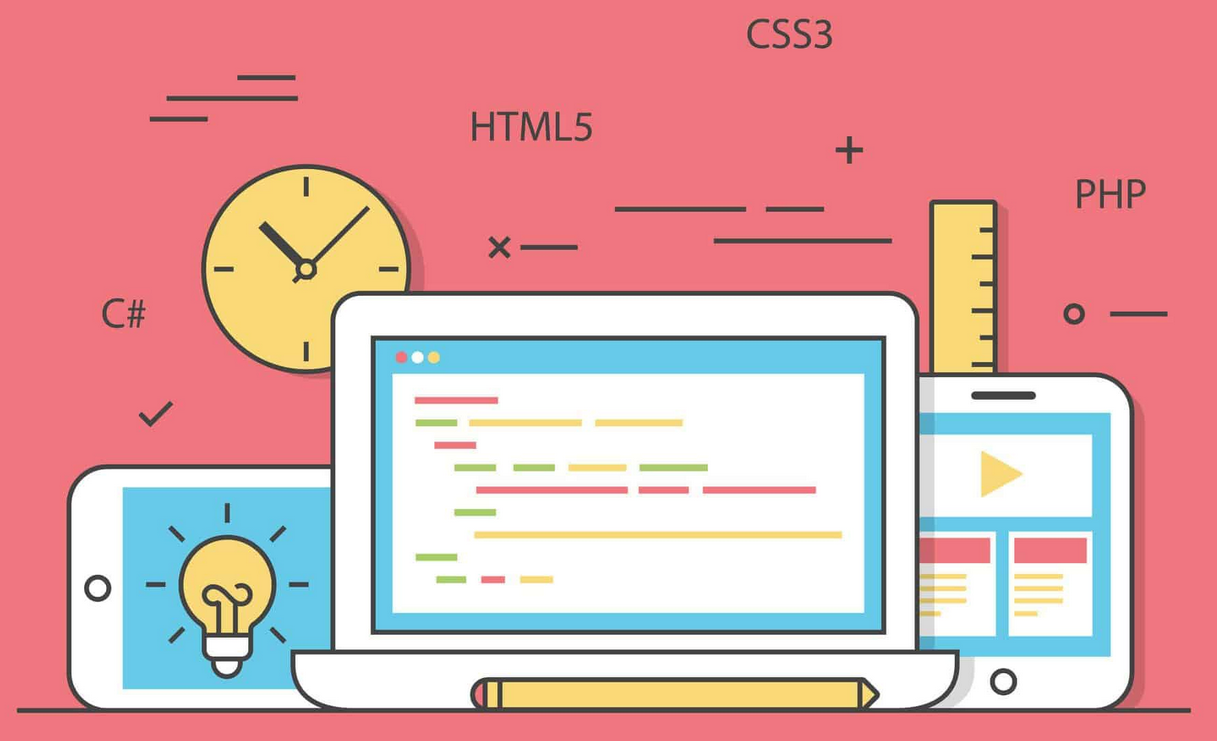 Stylized cartoon of a laptop with the acronyms HTML, CCS, and PHP floating around it.