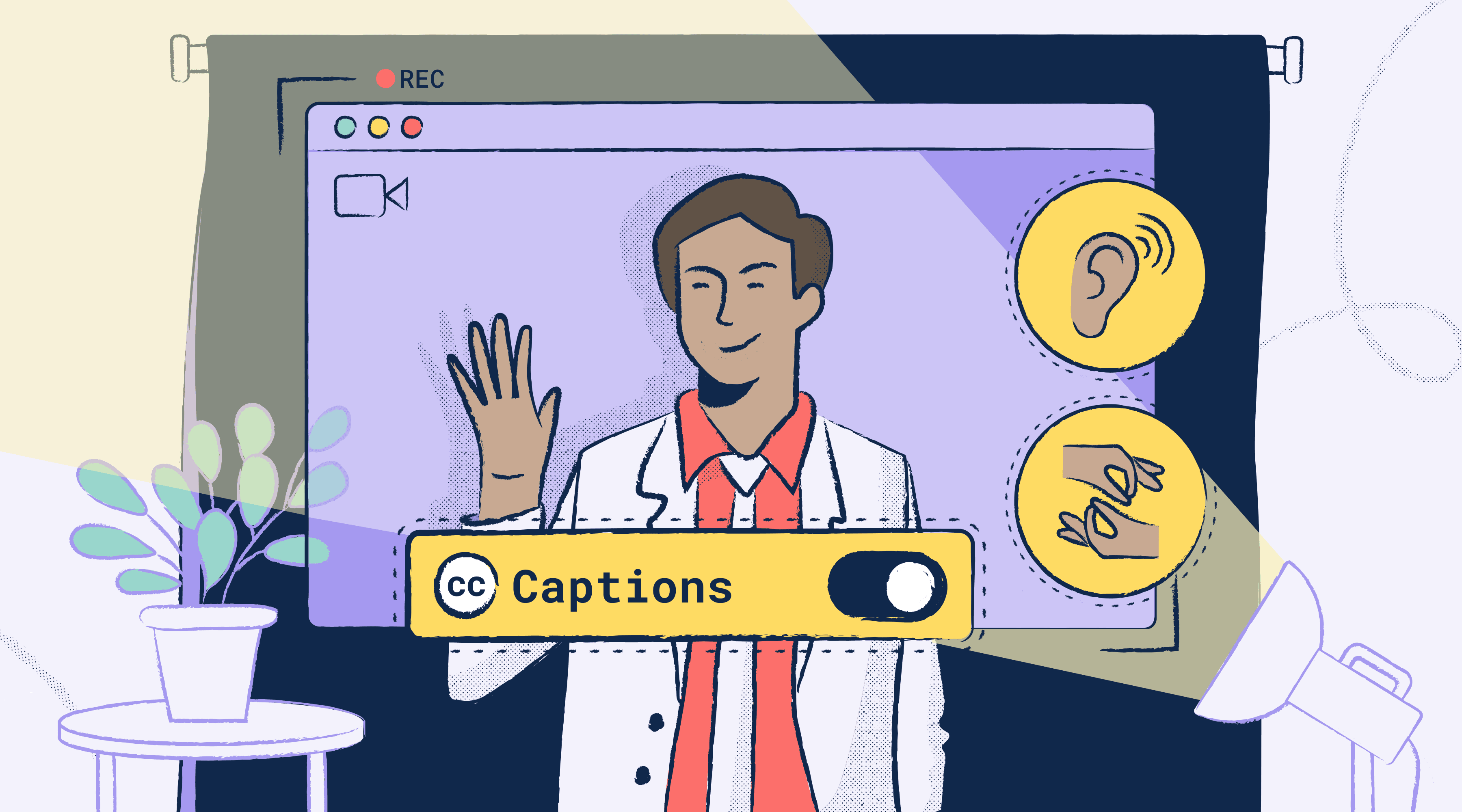 Cartoon of a man waving in front of a stylized video window. There are icons for audio description and sign language as well as a select tool for captions.