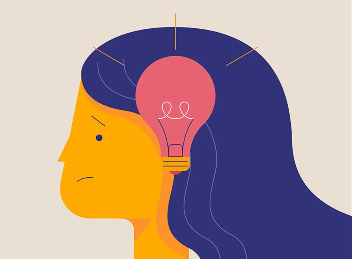 Stylized cartoon of a woman with a light bulb overlaid on her head