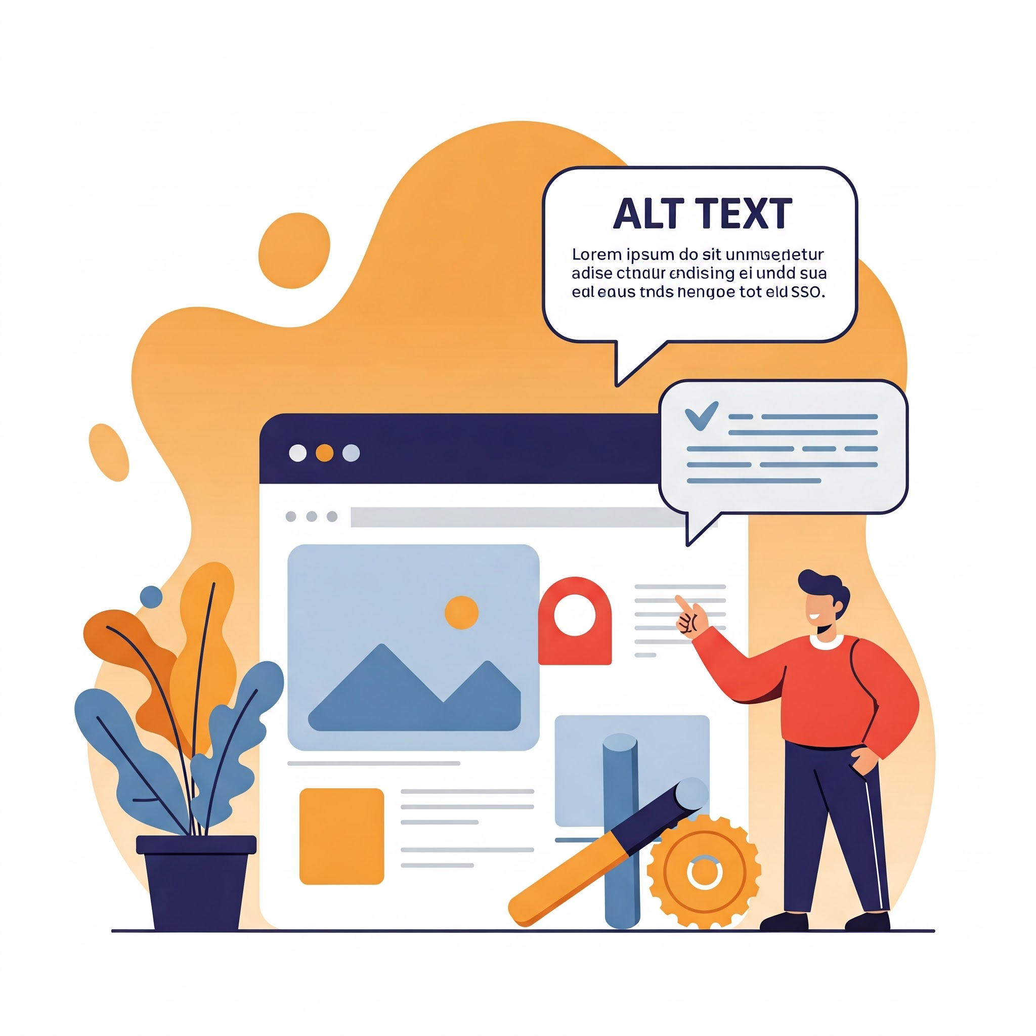 A flat vector illustration of a website under constructions that prominently focuses on alt text generation