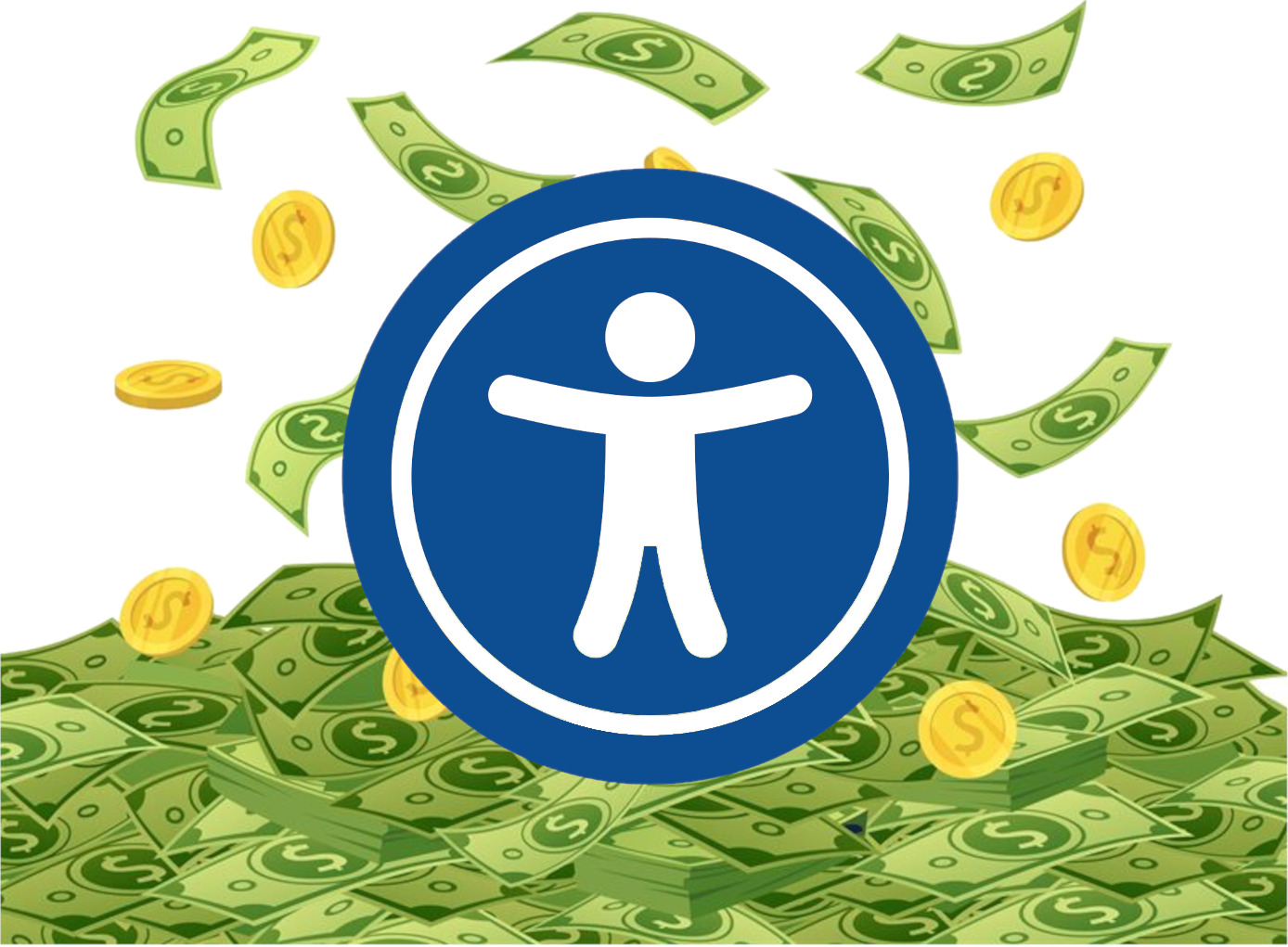 Accessibility Icon overlaid on a pile of money.