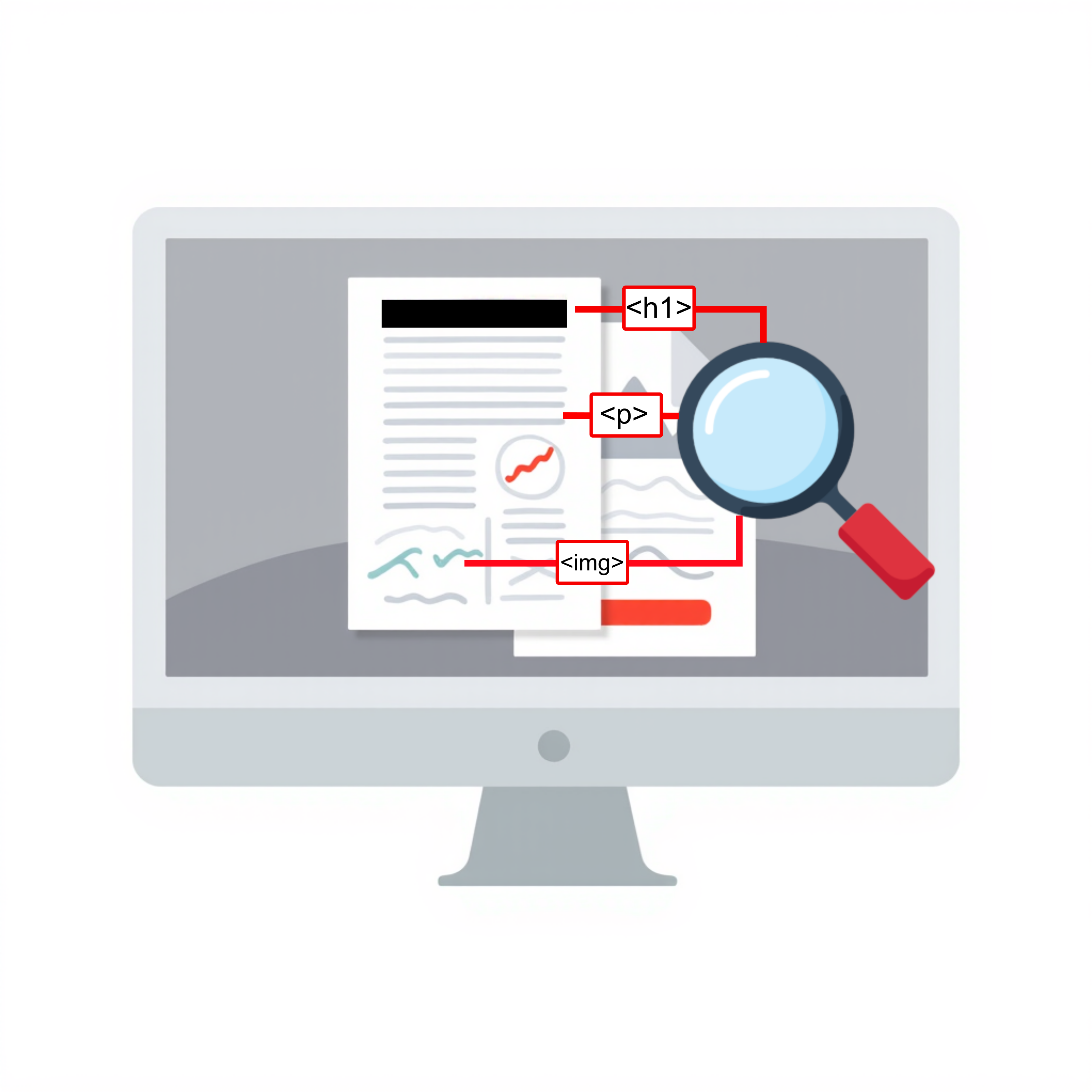 Stylized computer screen showing a PDF. A magnifying glass highlights use of the , , and tag