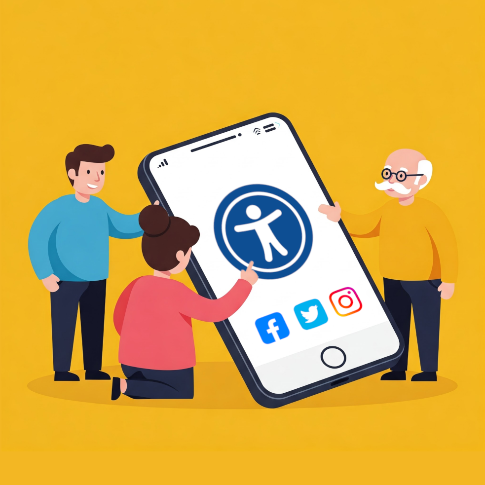 Flat vector illustration of three characters surrounding an oversized mobile device. The device's screen shows the accessibility man icon along with icons for facebook, Twitter, and Instagram.