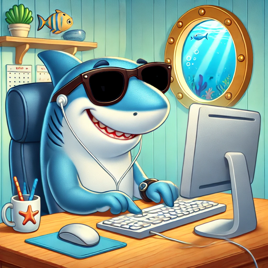 Cartoon shark wearing sunglasses and earbuds using a desktop computer.